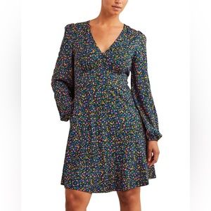 Boden blue floral jersey tea dress w puff shoulder